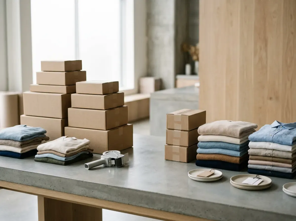 Operational fashion commerce visual representing shipping and return handling